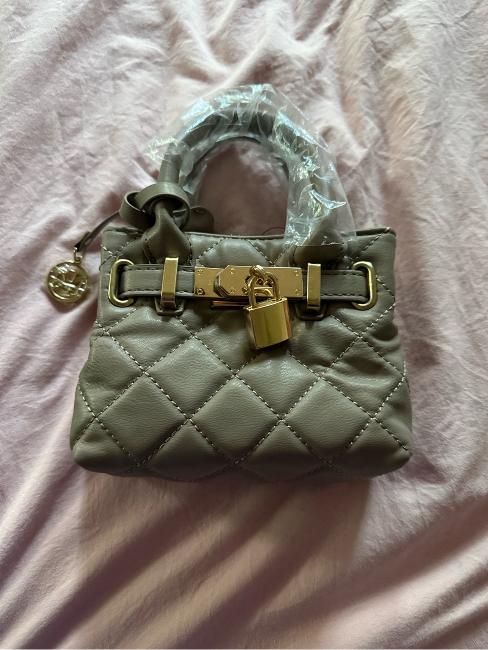 Badgley Mischka Quilted Taupe Mini Satchel Crossbody with Gold Hardware